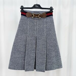 🚩steal authentic Gucci Navy & Red A-Line Wool Skirt with Horsebit Belt